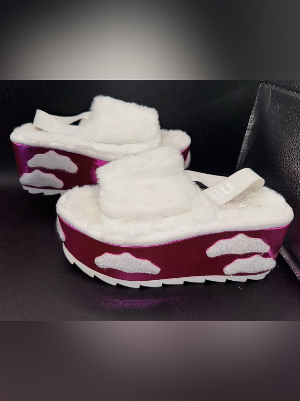 Y.R.U. QOZII Slide Platform Slippers White Faux Fur Pink Holographic clouds W 7